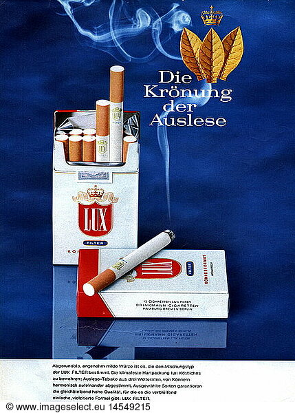 advertising  tobacco  cigarettes  advert for Lux cigarettes  from a magazine  Germany  circa 1970