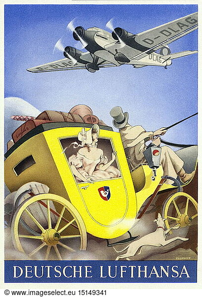 advertising  transport  advertising post card of the German Lufthansa  mail coach and airplane  Germany  circa 1940