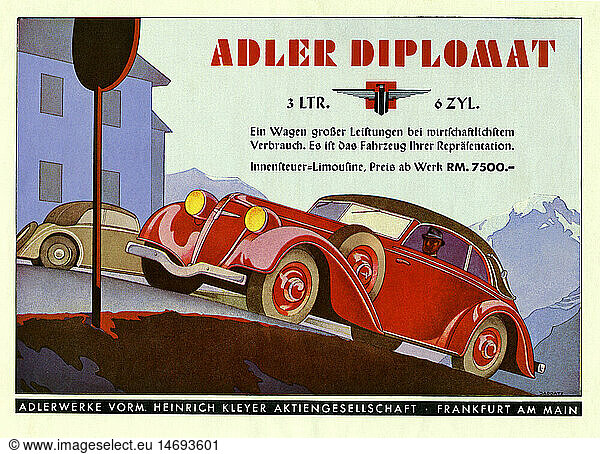 advertising  transport / transportation  cars  Adler Diplomat  3 litre  2916 cubic centimetre cylinder capacity  6 cylinder  60 horsepower  maximum speed 100 km per hours  limousine  original price: 7500 reichsmark  Adler factories was found by Heinrich Kleyer as bicycle factory in 1880  magazine advertising  Germany  1934  luxurious car  luxury car  luxurious cars  luxury cars  car advertising  car maker  automaker  car makers  automakers  motor car  auto  automobile  passenger car  motorcar  motorcars  autos  automobiles  passenger cars  German  Germans  Made in Germany  advertising  illustration  1930s  30s  20th century  historic  historical