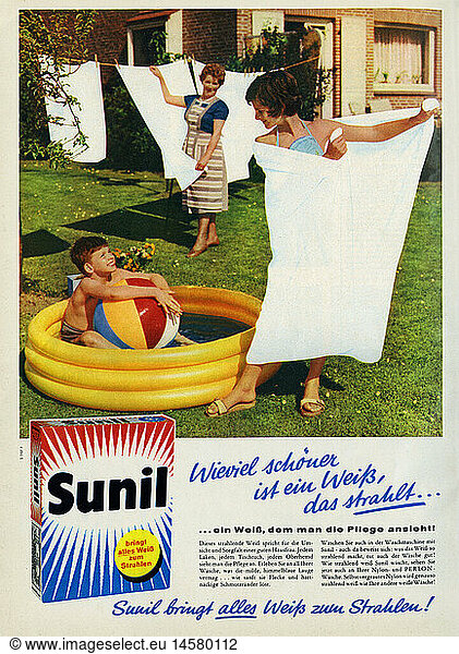 advertising  washing powder advertising  Sunil  advertising slogan: 'Wieviel schoener ist ein Weiss  das strahlt'  Germany  1961