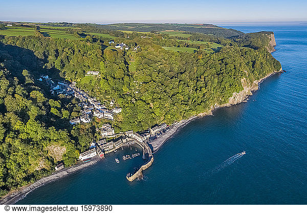 Aerial elevated view over Clovelly on the North Devon coast  Devon  England  United Kingdom  Europe