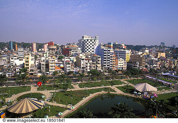 Aerial of City Center Pham Ngu Lao Area Ho Chi Minh City Saigon Vietnam