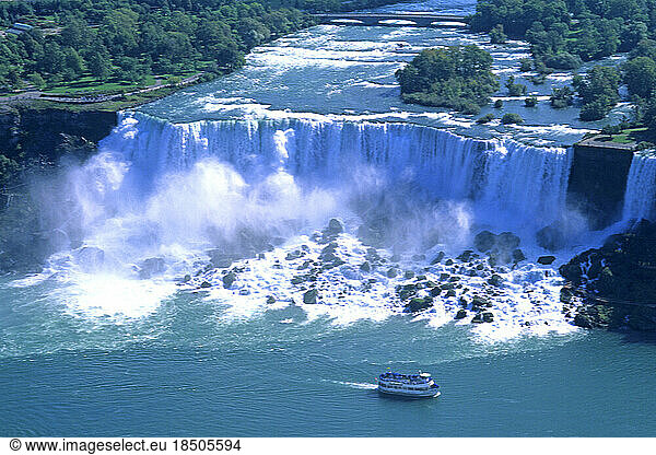 Aerial of Niagara Falls Maid of the midst boat New York