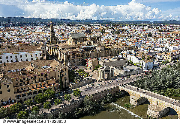 Aerial of the Historic Roman Bridge and Mezquita  UNESCO World Heritage Site  Cordoba  Andalusia  Spain  Europe