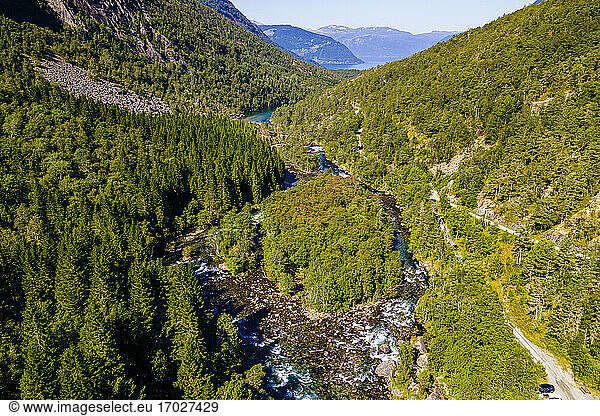 Aerial of the valley of Tveitafossen waterfall  Kinsarvik  Vestland  Norway  Scandinavia  Europe