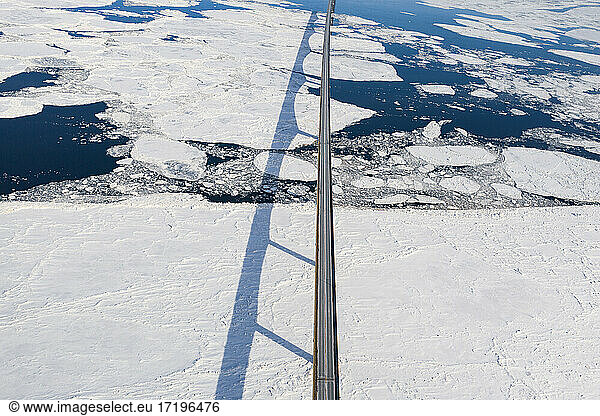 Aerial over Long Bridge and Ice Filled Bay in Canada