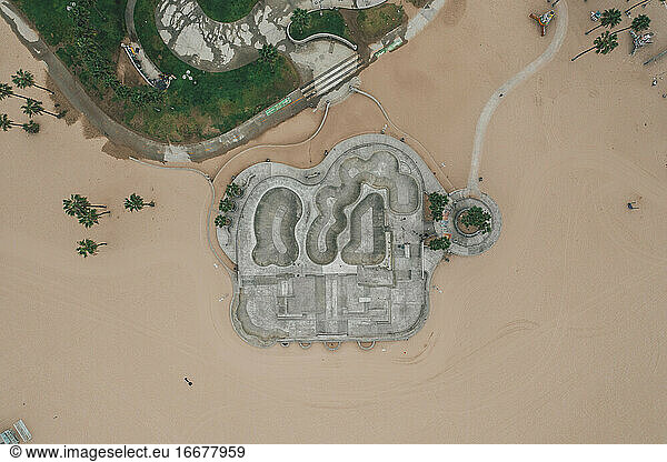 Aerial Overhead View of Empty Venice Beach Skatepark morning vibe with no people