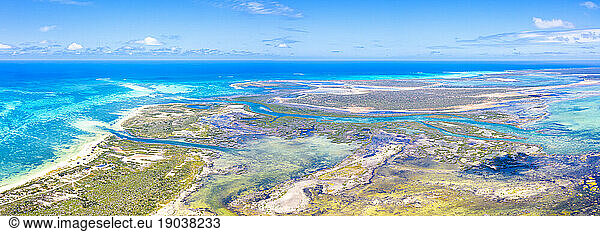 Aerial panoramic of Codrington Lagoon  Antigua and Barbuda  Caribbean