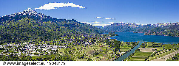 Aerial panoramic of river Adda flowing into Lake Como  Italy