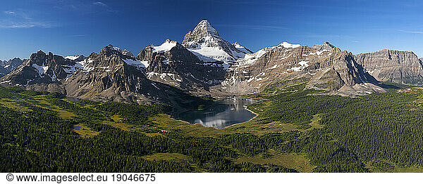 Aerial photograph of Mount Assiniboine located on the Great Divide  on the British Columbia/Alberta border in Canada.