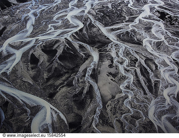 Aerial shot of meandering glacier rivers in south Iceland