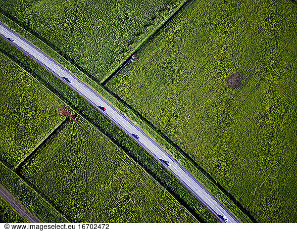 aerial shot of the national number 1 road in Iceland