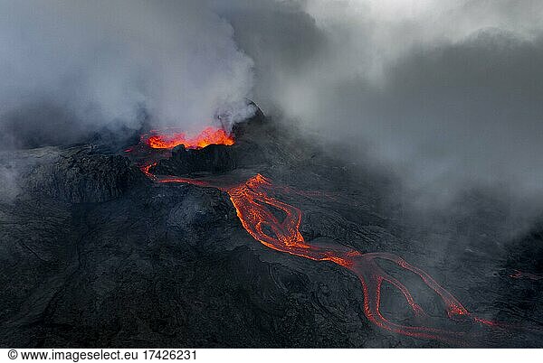 Aerial view Aerial view, erupting volcano with lava fountains and lava ...