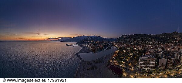 Aerial View  A panoramic view of Ventimiglia and the coastlines of france  Liguria  Italy  Europe