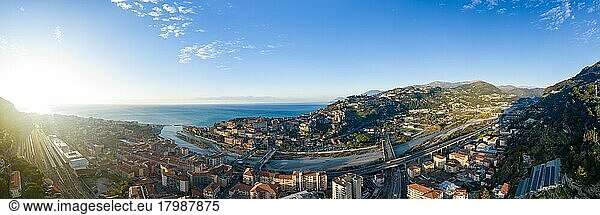 Aerial View  A panoramic view of Ventimiglia town the Roia river and the coastlines  Liguria  Italy  Europe