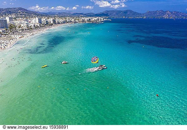 Aerial view  bathing bay of Cala Millor and Cala Bona  region Llevant  Majorca  Ballearen  Spain  Europe