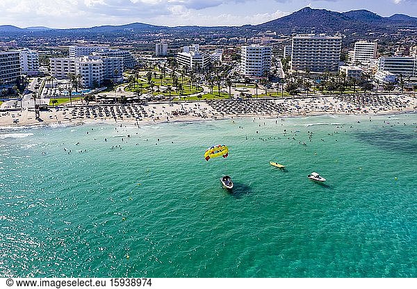 Aerial view  bathing bay of Cala Millor and Cala Bona  region Llevant  Majorca  Ballearen  Spain  Europe