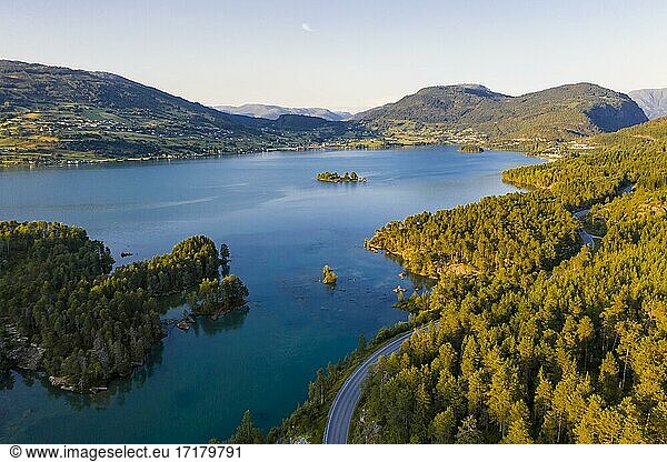 Aerial view  forest and landscape  evening mood at lake Hafslovatnet  Hafslo  Vestland  Norway  Europe