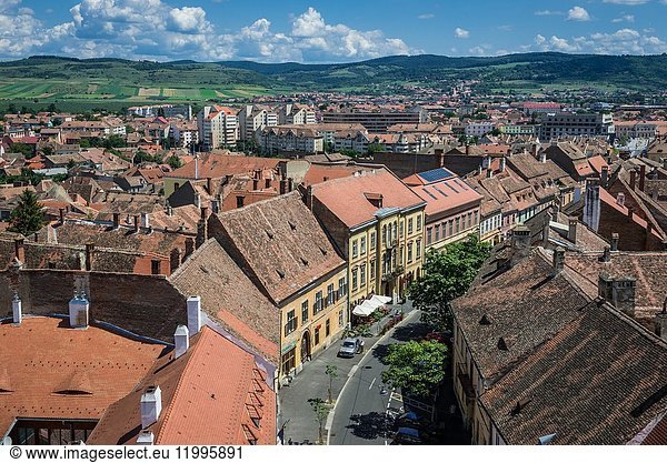 Aerial view from Council Tower on Avram Iancu street with Weidner House and Muller House buildings in Historic Center of Sibiu city  Romania.