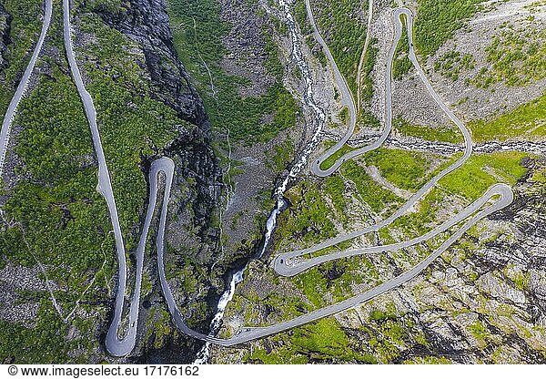 Aerial view  hairpin bends at the mountain road Trollstigen  near Åndalsnes  Møre og Romsdal  Vestland  Norway  Europe