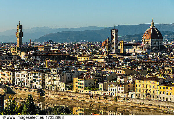 Aerial view in afternoon sun of Florence  UNESCO World Heritage Site  from Piazzale Michelangelo  Tuscany  Italy  Europe
