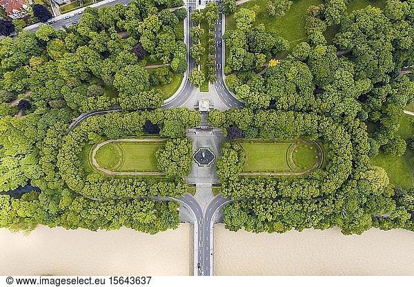 Aerial view  Isar and Luitpold bridge with Angel of Peace at the Maximiliansanlagen from above  Munich  Upper Bavaria  Bavaria  Germany  Europe
