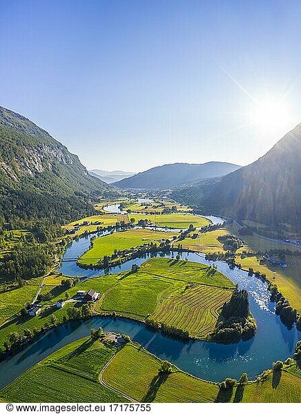 Aerial view  mountain valley with meandering river Stryneelva  Stryn  Vestland  Norway  Europe