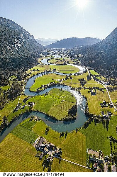 Aerial view  mountain valley with meandering river Stryneelva  Stryn  Vestland  Norway  Europe