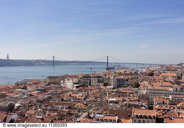 Aerial view of a city  April 25th Bridge  Lisbon  Portugal