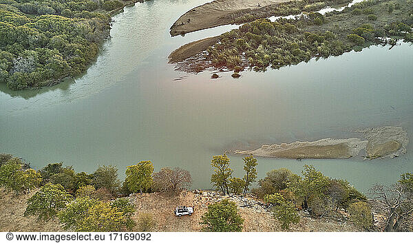 Aerial view of a jeep on viewpoint  Cunene river area  Angola