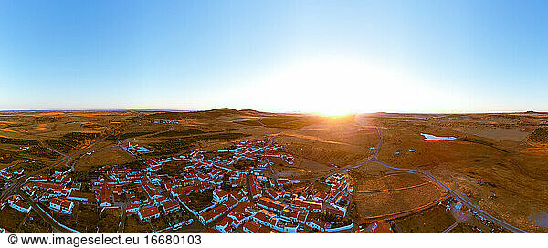 Aerial view of a landscape with village in Alentejo at the sunset