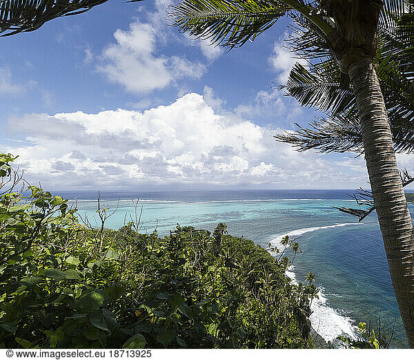 Aerial view of a reef lagoon and tropical plants  Samoa