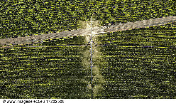 Aerial view of agricultural sprinkler spraying field
