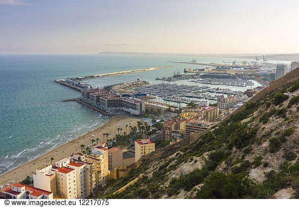 Aerial view of Alicante Port from Santa Barbara Castle on Mount Benacantil Spain.