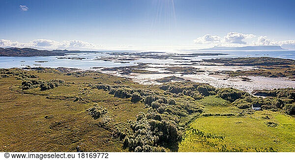 Aerial view of Arisaig  with Isles of Eigg and Rum  Scotland