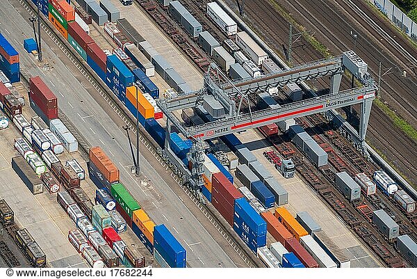 Aerial view of Billwerder loading station  containers from rail to truck  railway  station  logistics  containers  DB  Deutsche Bahn  railway  freight  freight station  freight transport  loading  goods transport  goods transport  DUSS terminal  Hamburg-Billwerder  Hamburg Germany