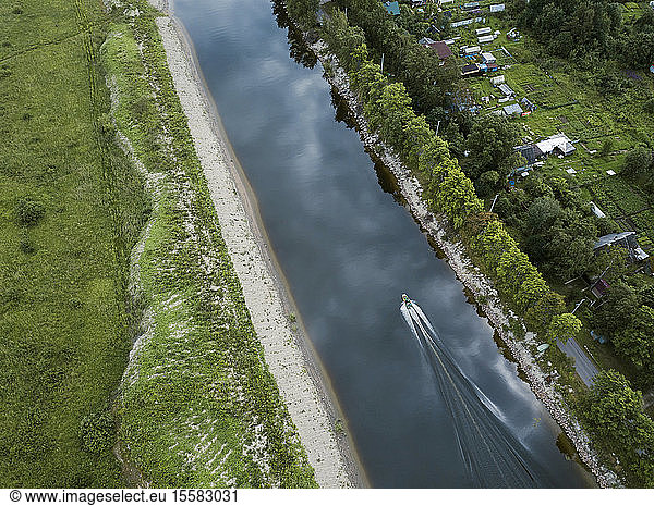 Aerial view of boat moving on Ladoga canals at Shlisselburg  Russia