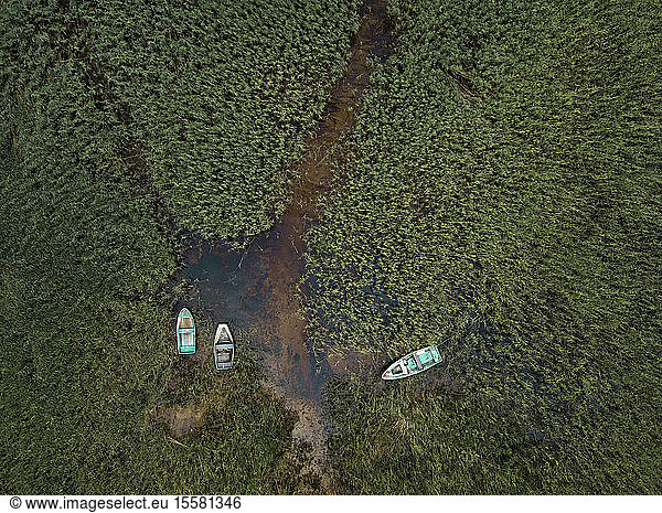 Aerial view of boats moored on Lake Ladoga at Shlisselburg  Russia