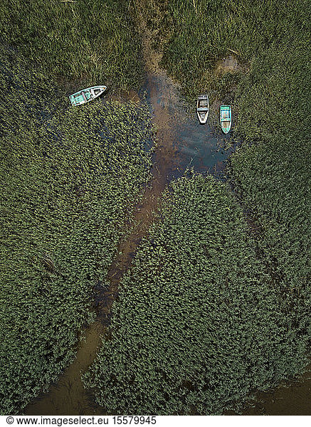 Aerial view of boats moored on Lake Ladoga in Shlisselburg  Russia