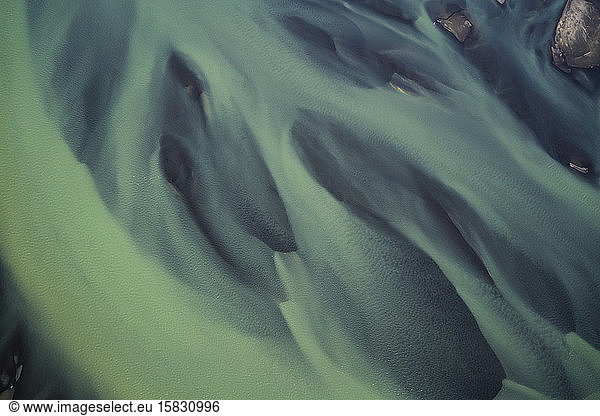 Aerial view of braided blue rivers in southern Iceland