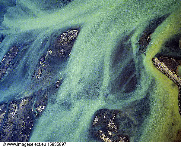 Aerial view of braided rivers in southern Iceland