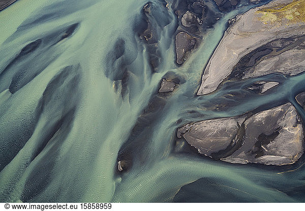 Aerial view of braided rivers in southern Iceland