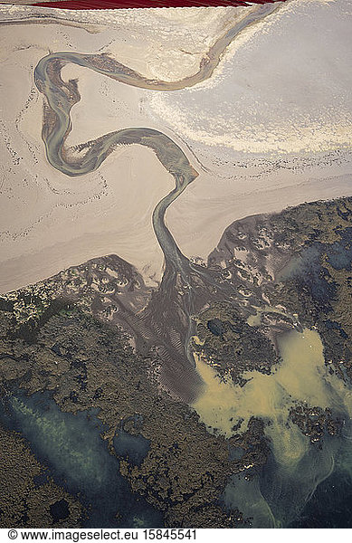 Aerial view of braided rivers winding in southern Iceland