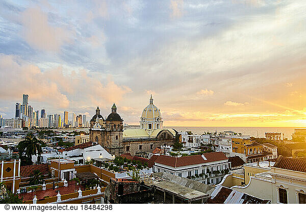 Aerial view of buildings in Cartagena city at sunset  Cartagena de Indias  Colombia