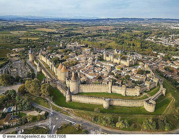 Aerial view of Carcassonne  medieval city listed as World Heritage by UNESCO  harboure d'Aude  Languedoc-Roussillon Midi Pyrenees Aude France.