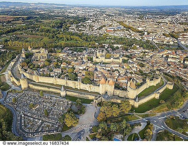 Aerial view of Carcassonne  medieval city listed as World Heritage by UNESCO  harboure d'Aude  Languedoc-Roussillon Midi Pyrenees Aude France.