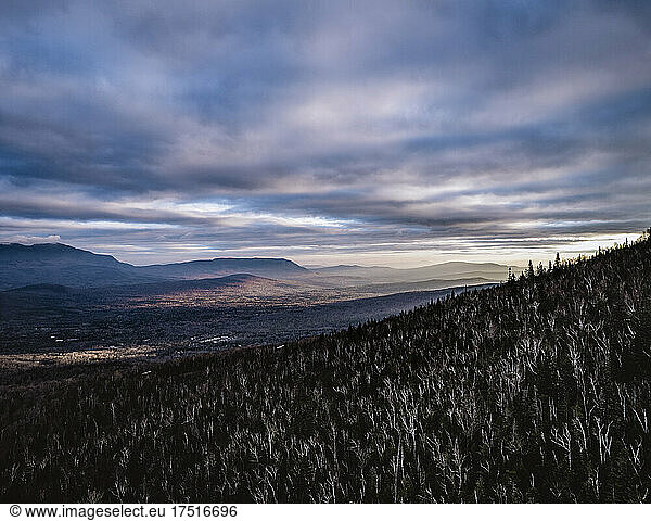 aerial view of Carrabassett Valley  Maine at with purple sunrise
