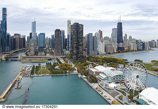 Aerial view of Chicago Illinois skyline over Navy Pier