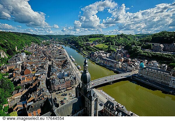 Aerial view of Dinant town  Collegiate Church of Notre Dame de Dinant  River Meuse and Pont Charles de Gaulle bridge from Dinant Citadel. Belgium