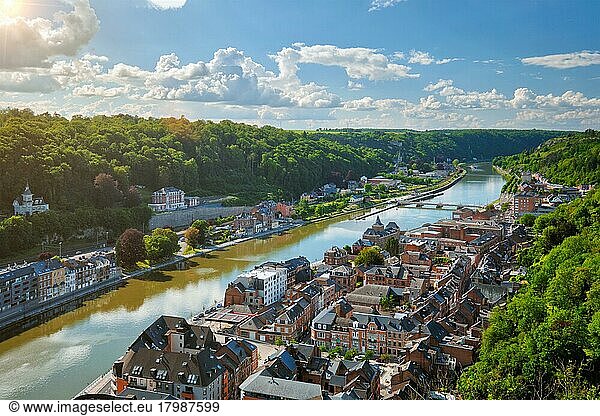 Aerial view of Dinant town  Collegiate Church of Notre Dame de Dinant  River Meuse and Pont Charles de Gaulle bridge from Dinant Citadel. Belgium
